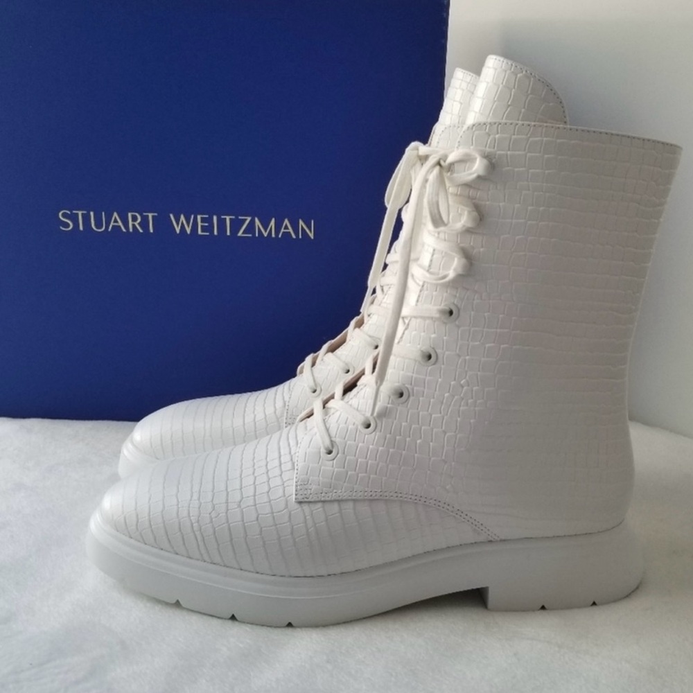 Stuart Weitzman women's the Mckenzee croc-effect white combat boot
